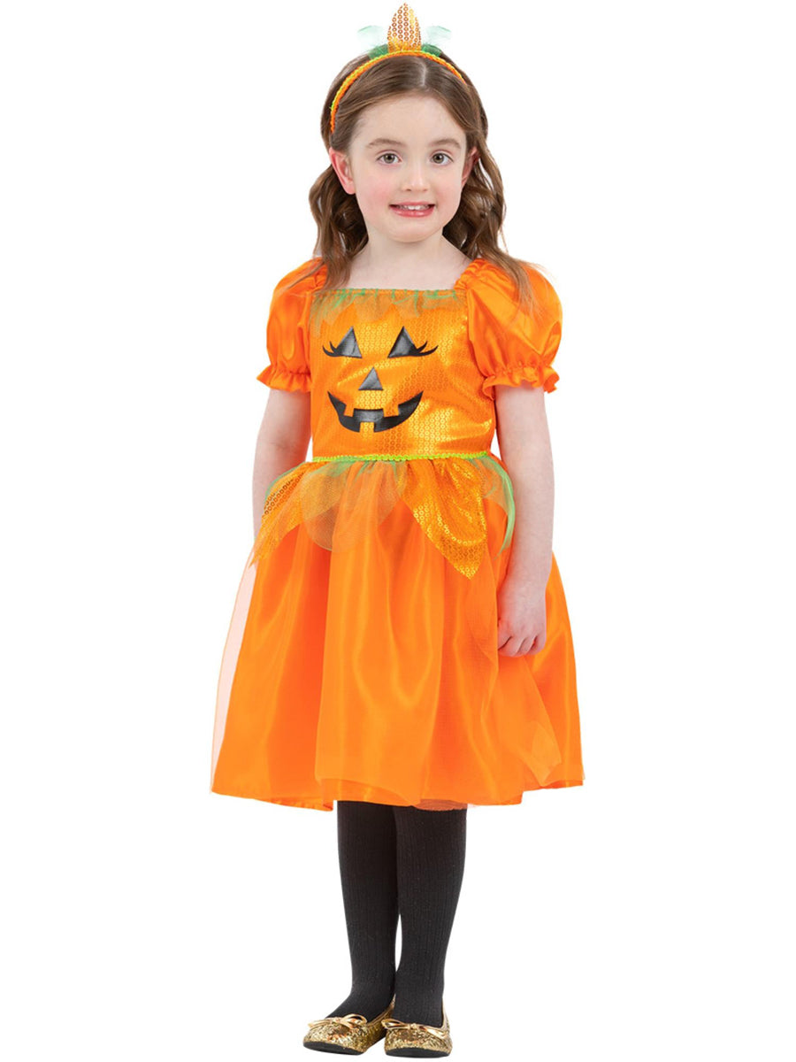 Toddler Girls Orange Halloween Pumpkin Dress - Alternate Image