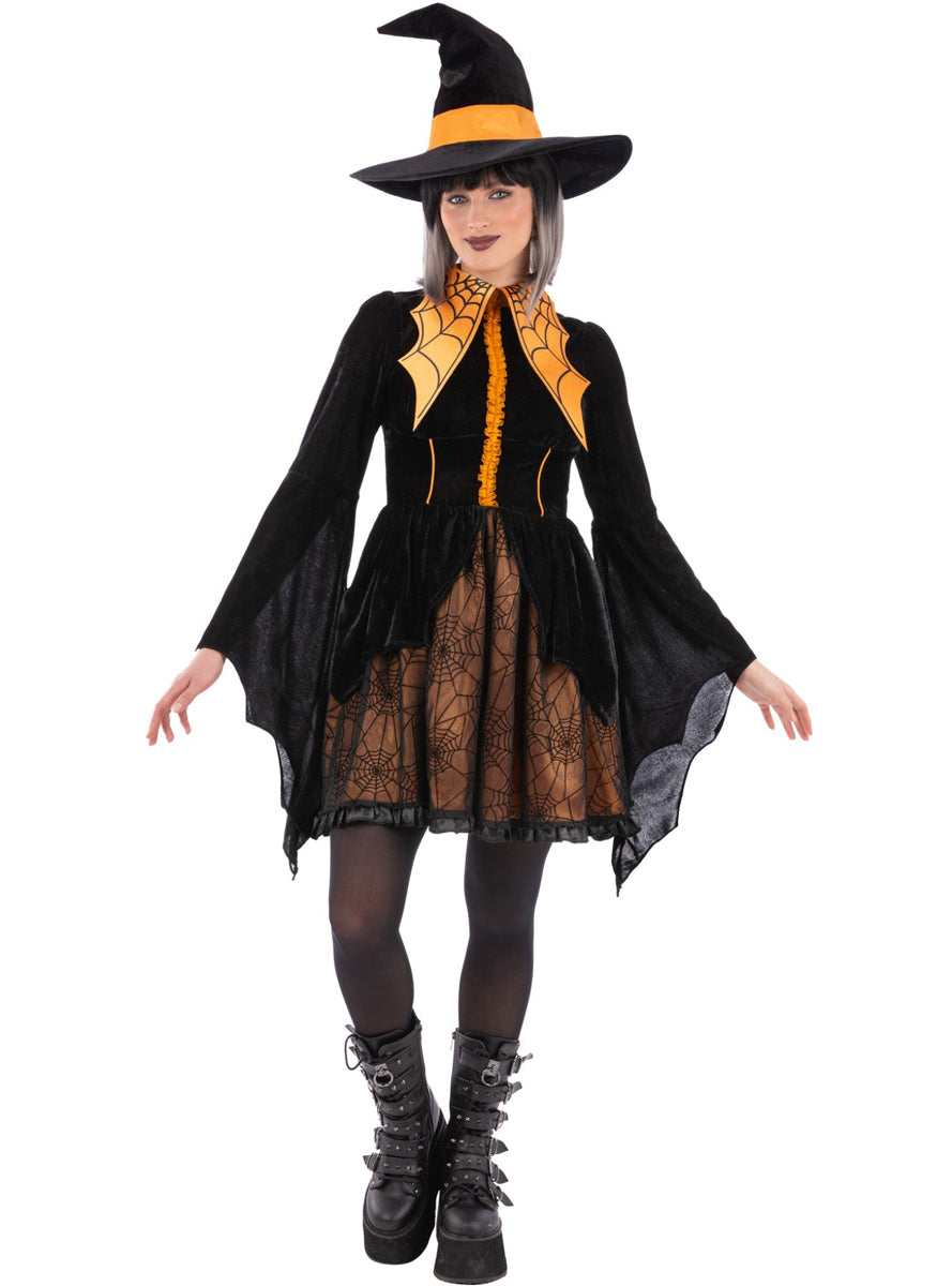 Spider Witch Womens Orange and Black Halloween Costume - Main Image