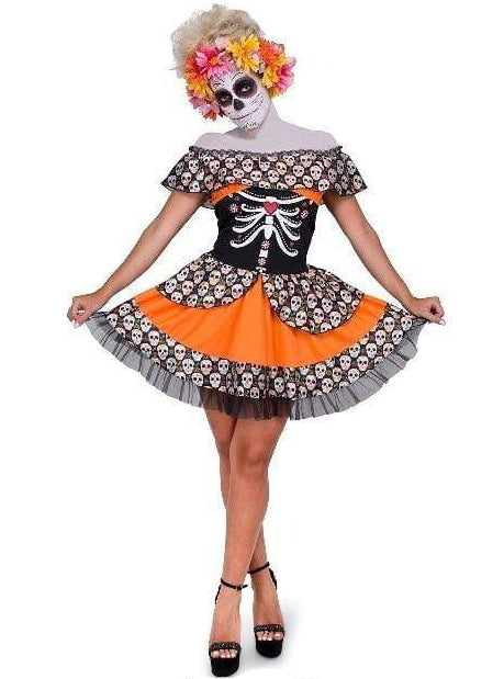 Plus Size Womens Orange Day Of The Dead Sugar Skull Costume - Alternative Image
