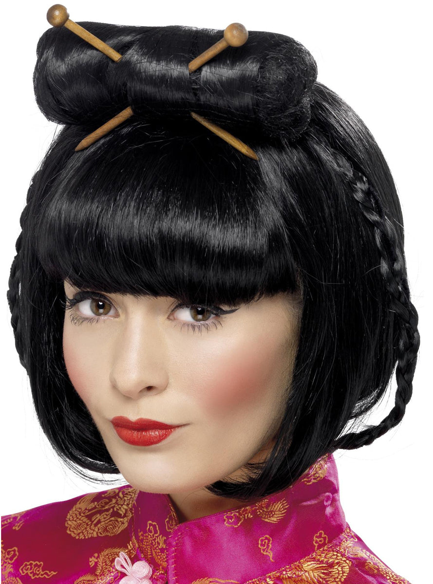 Womens Short Black Oriental costume Wig With Chopsticks - Alternative Image
