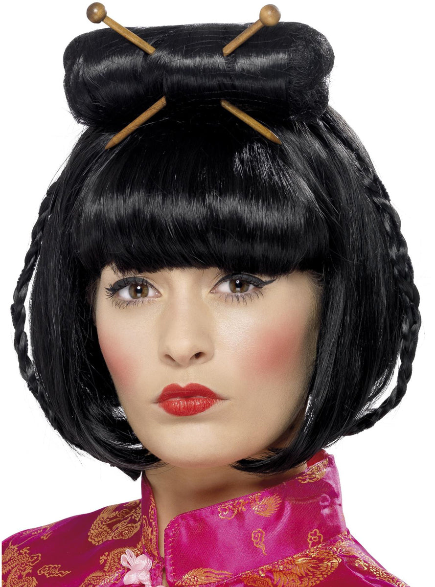 Womens Short Black Oriental costume Wig With Chopsticks - Main Image