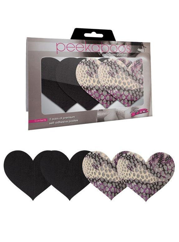 Womens 2 Pack Heart Shape Stick On Pasties with Plain Black and Purple Snake Print