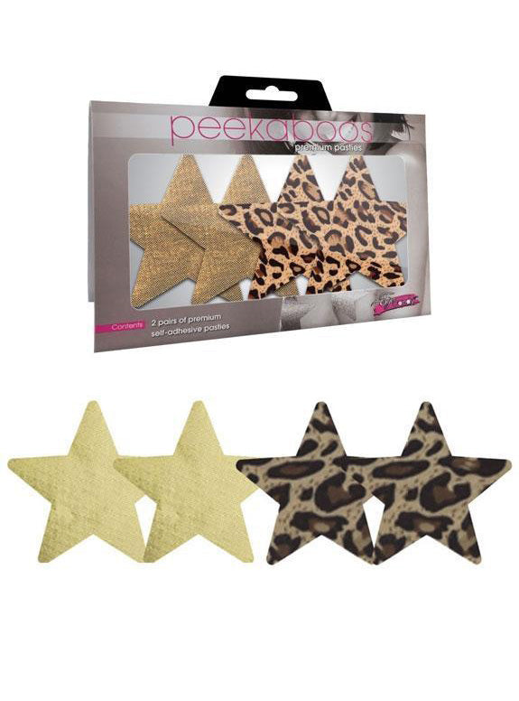 Womens 2 Pack Star Shape Stick On Pasties with Metallic Gold and Leopard Print