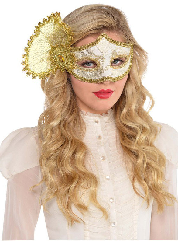 Womens Gold and White Masquerade Mask with Side Fan