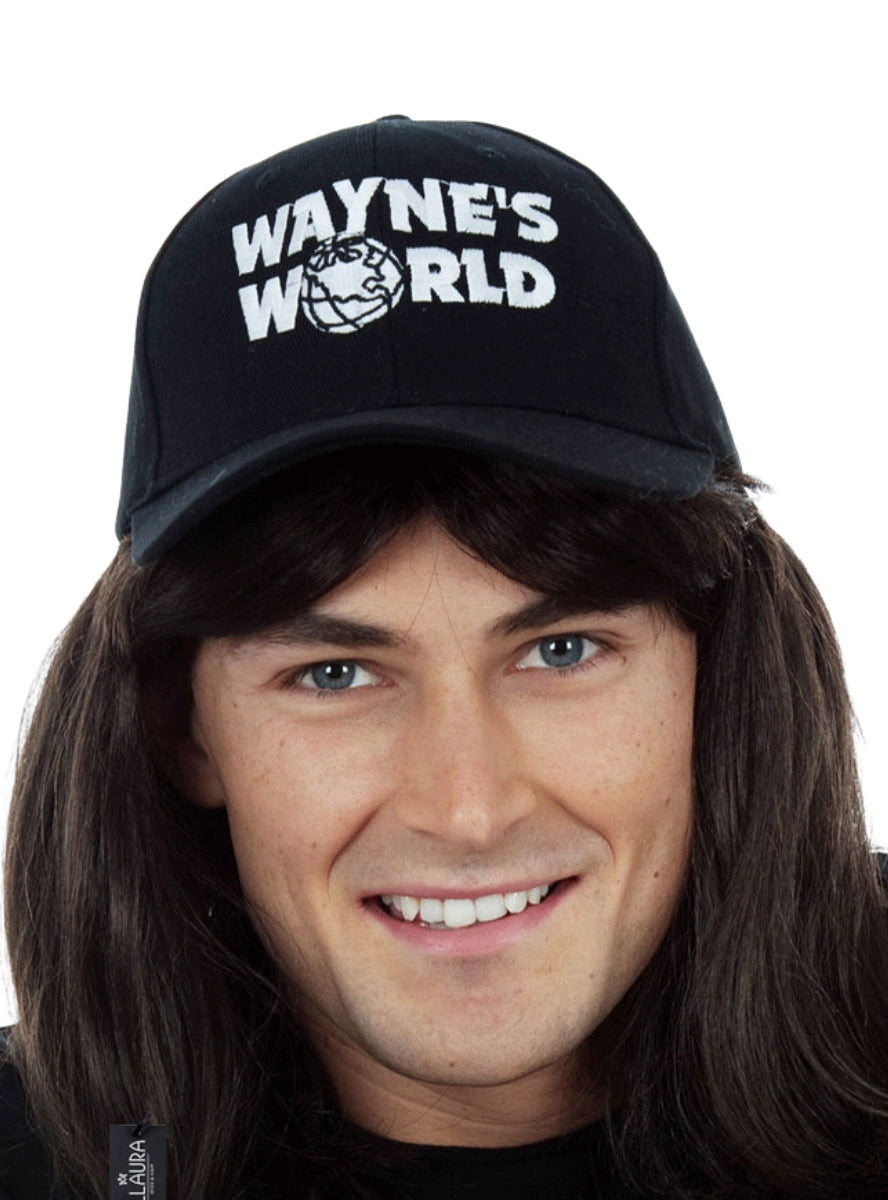 Party On Mens Waynes World Black Mullet Costume Wig And Cap Set - Close Image