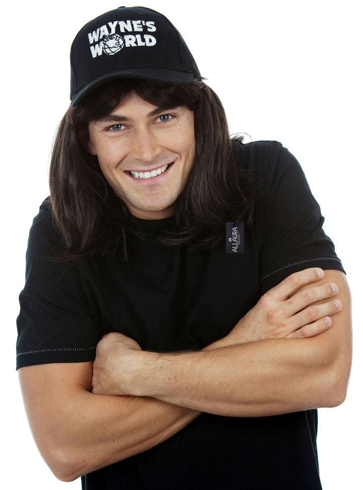Party On Mens Waynes World Black Mullet Costume Wig And Cap Set - Main Image