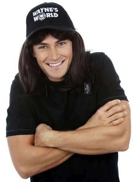 Party On Mens Waynes World Black Mullet Costume Wig And Cap Set - Main Image