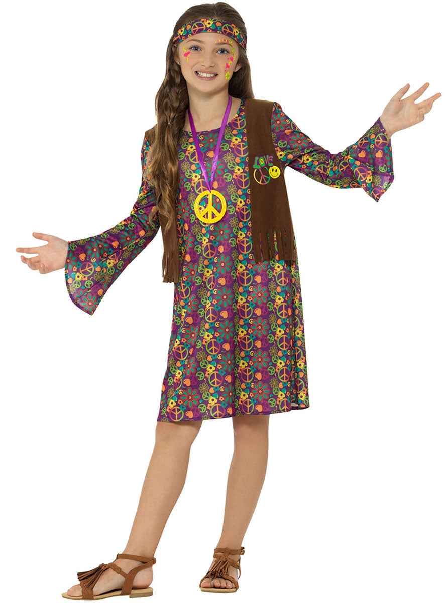 Girls 70s Peace Hippie Costume - Alternate Front View