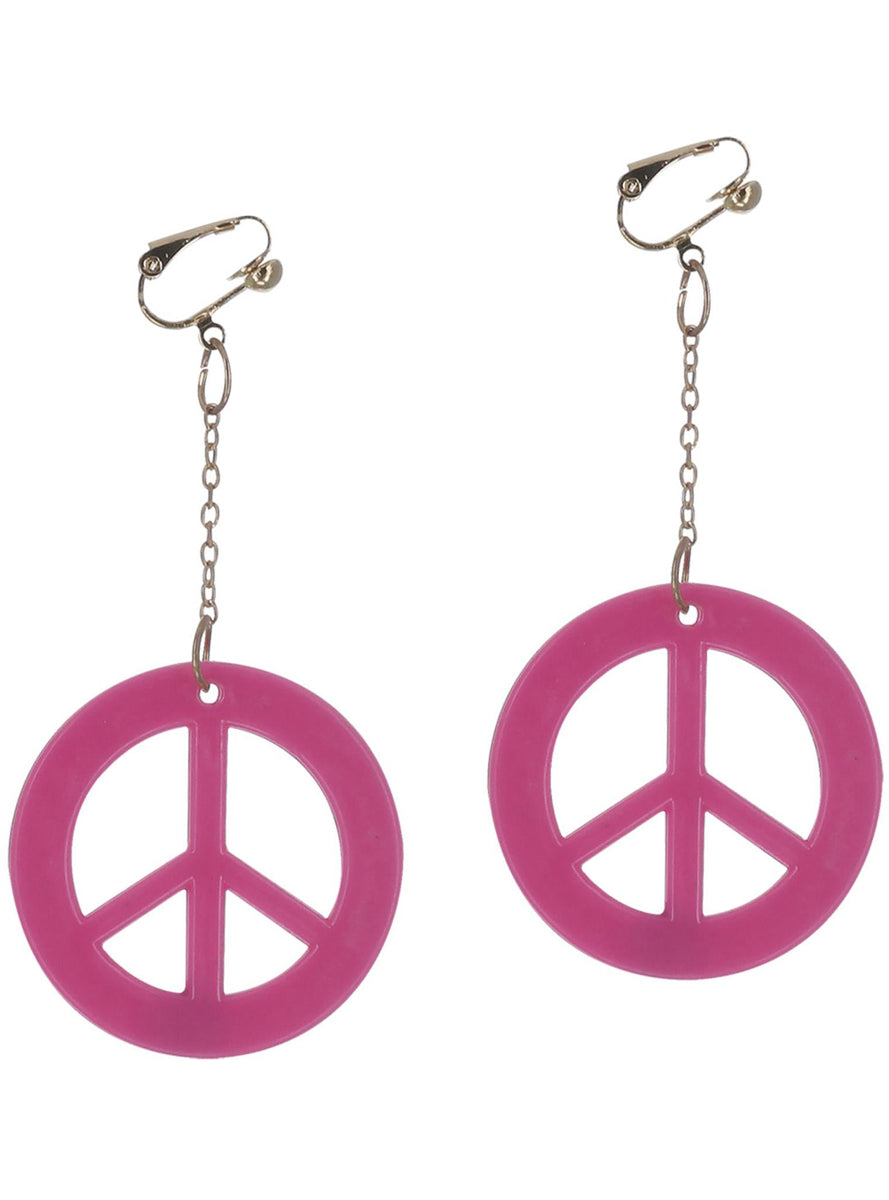 Neon Pink Clip On Peace Sign Costume Earrings - Alternate Image