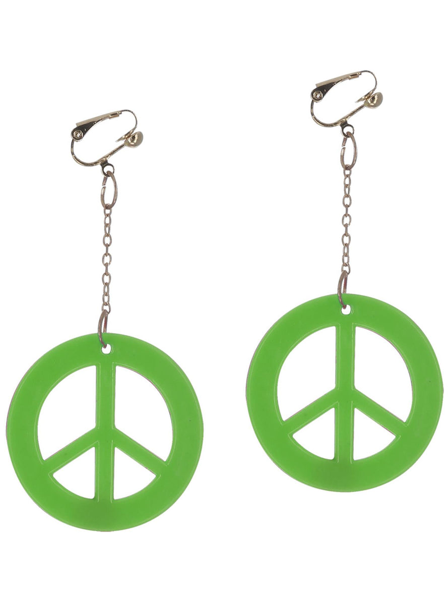 Clip On Neon Green Peace Sign Costume Earrings - Alternate Image
