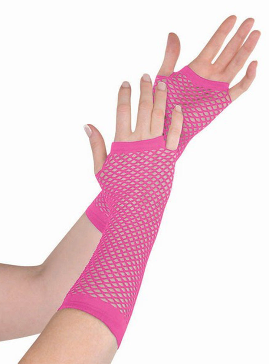 Pink Elbow Length Fingerless Fishnet Gloves