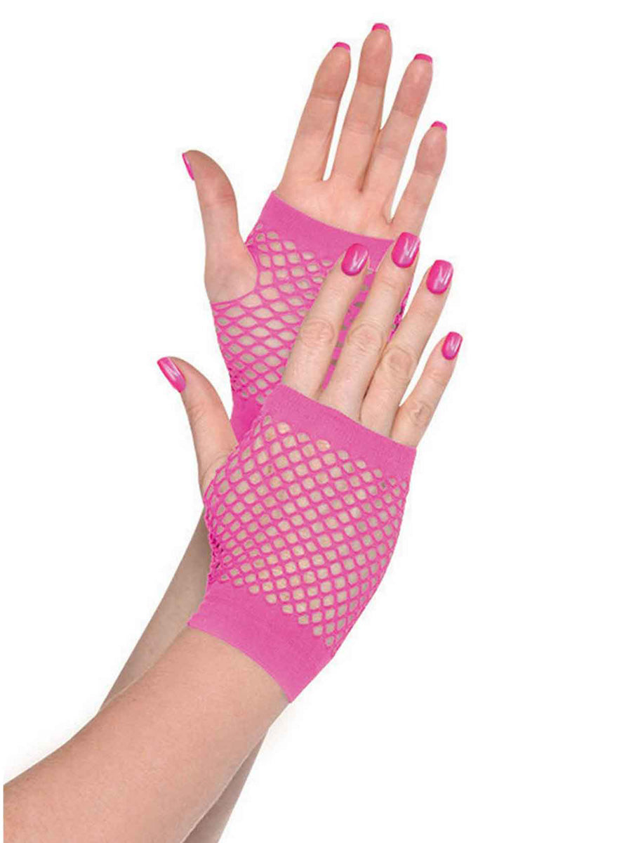 Pink Wrist Length Fishnet Fingerless Gloves