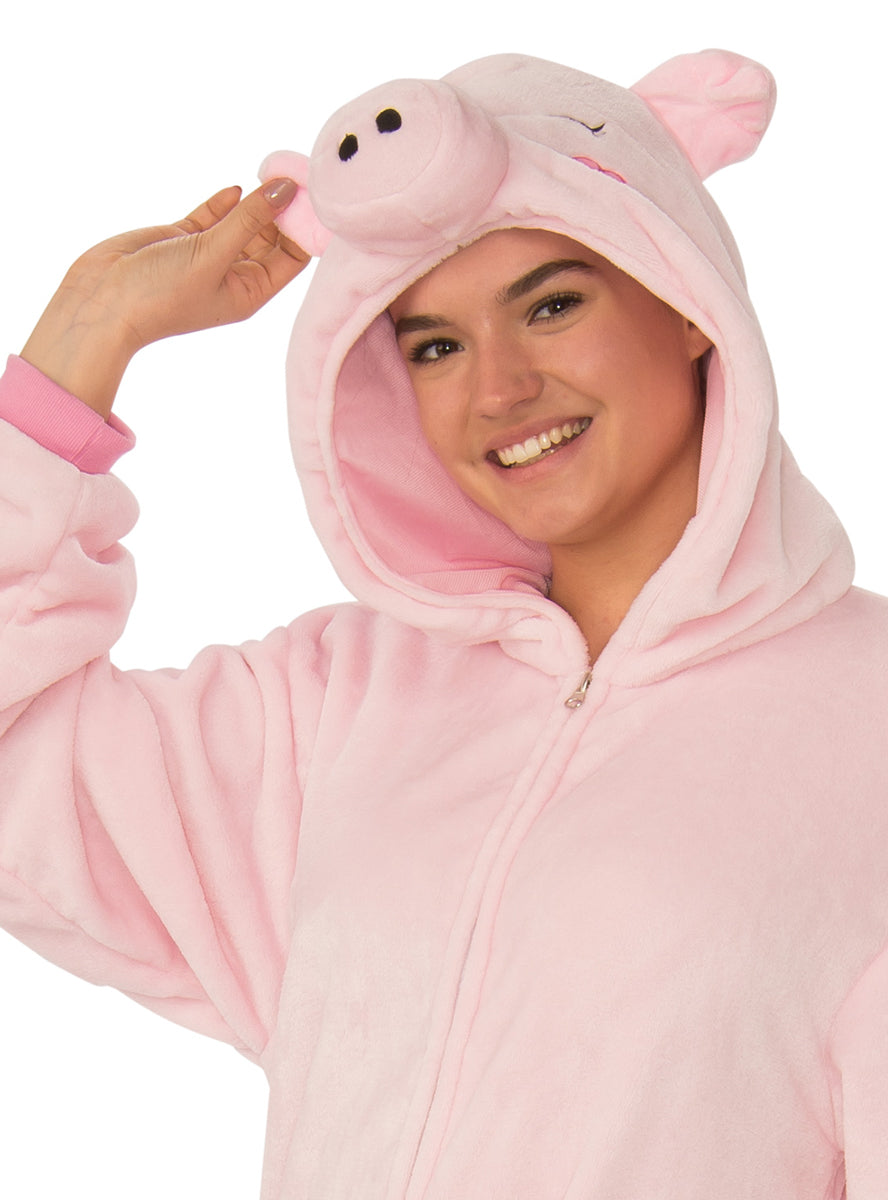 Plush Pink Pig Womens Costume Onesie - Close Image
