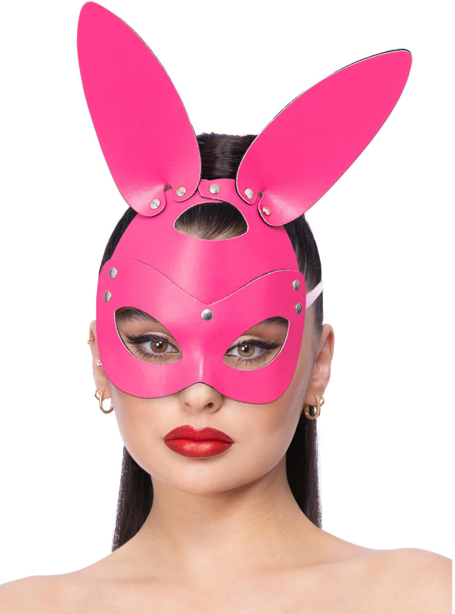 Womens Pink Studded Leather Look Bunny Mask - Main Image