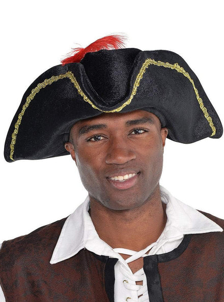 Black Tricorn Pirate Hat with Gold Trim