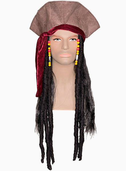 Mens Brown Suede Look Pirate Costume Hat With Dreadlocks - Main Image