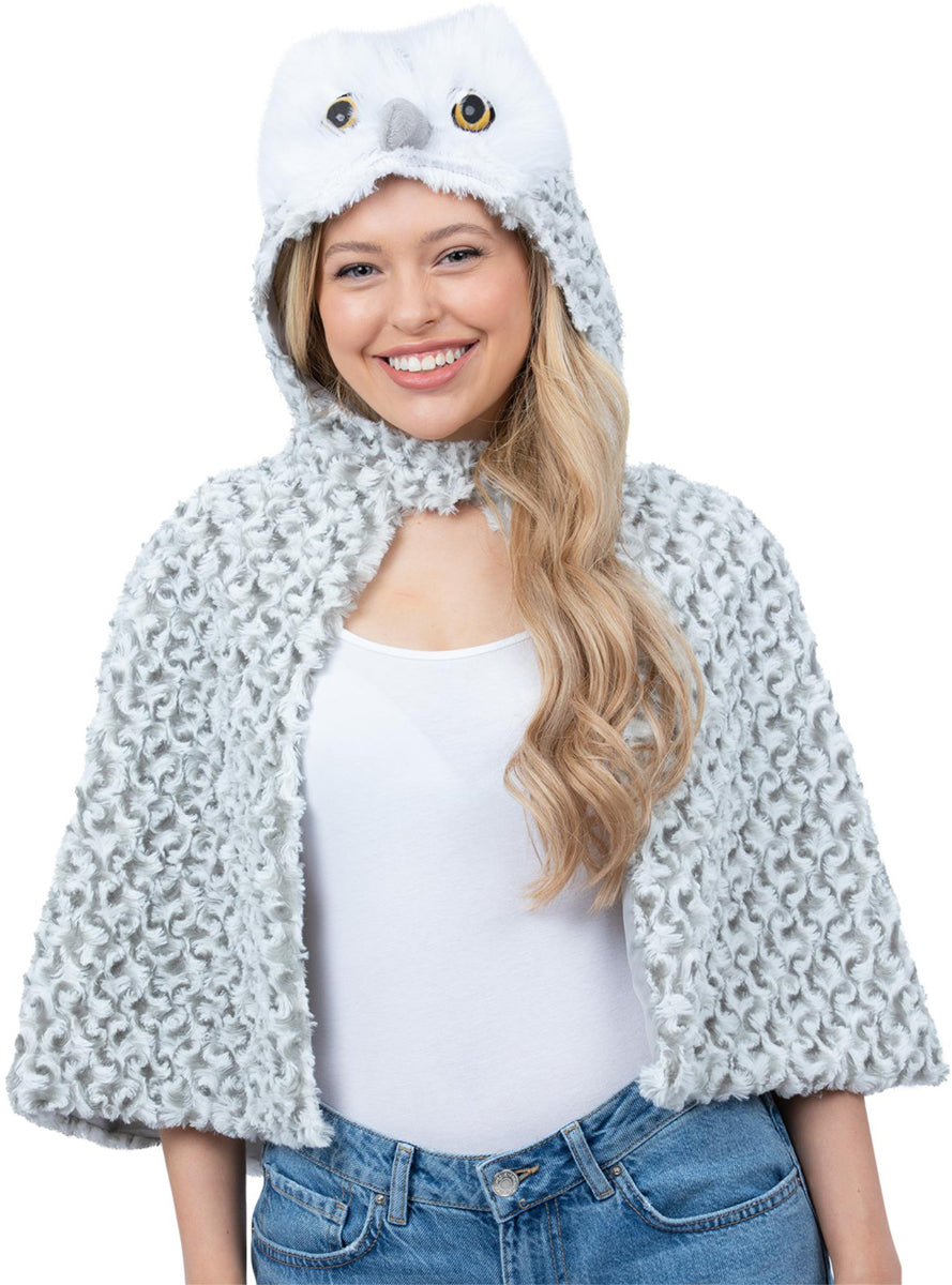 Womens Grey Owl Hooded Plush Costume Cape - Main Image