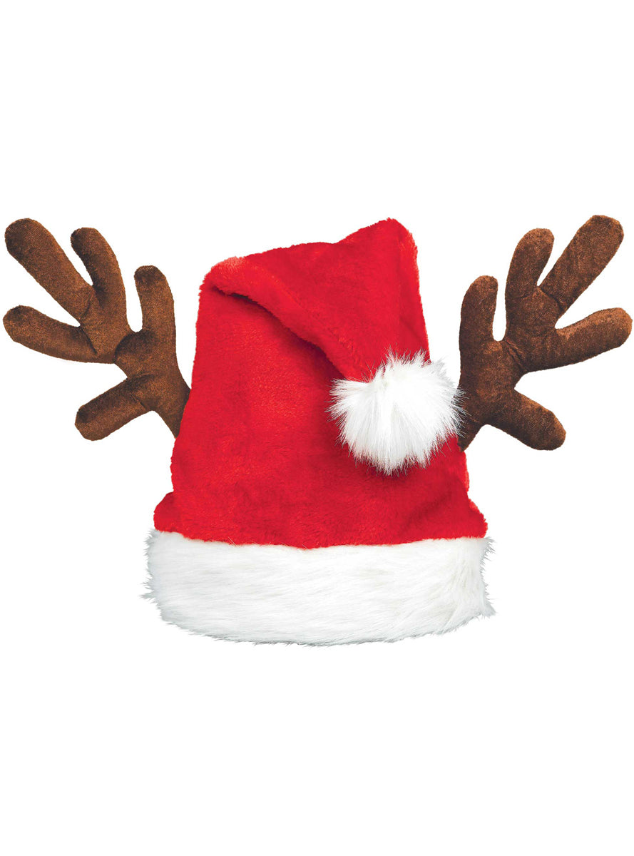 Plush Red Santa Christmas Hat With Reindeer Antlers