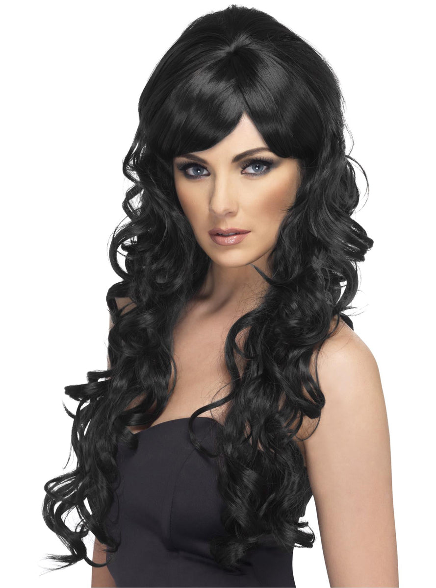 Womens Curly Black Costume Wig With Side Fringe - Main Image
