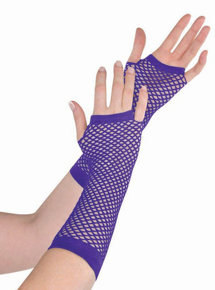 Purple Elbow Length Fingerless Fishnet Gloves