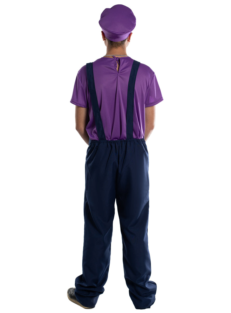Waluigi Mens Purple Plumber Gaming Character Costume - Back Image