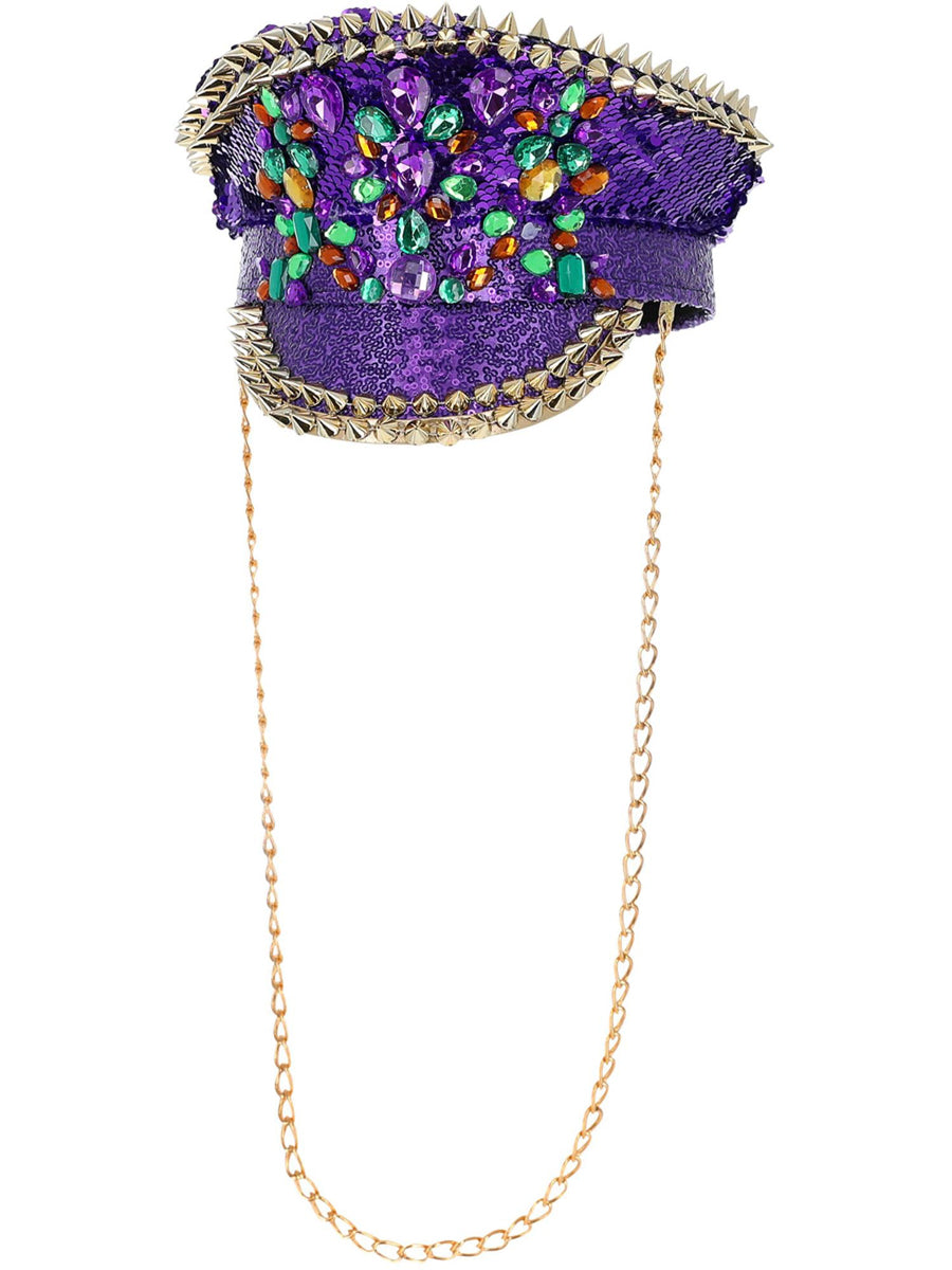 Deluxe Purple Sequin Festival Hat with Gold Studs - Main Image