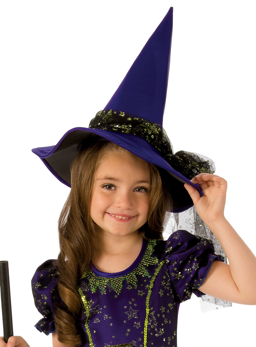 Purple And Green Witch Girls Halloween Costume - Close Image
