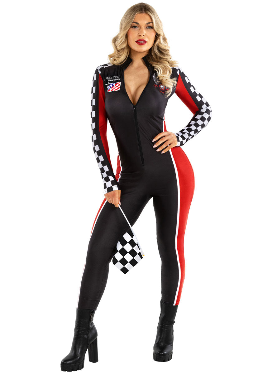 Womens Sexy Black Race Car Driver Jumpsuit Costume