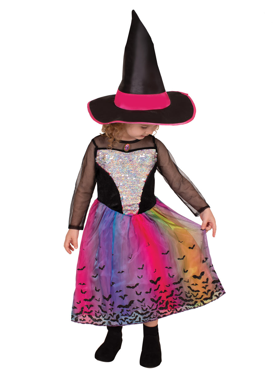 Sequined Rainbow Witch Girls Halloween Costume - Alternative Image