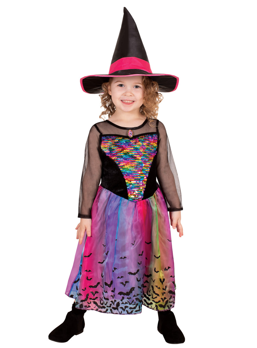 Sequined Rainbow Witch Girls Halloween Costume - Main Image