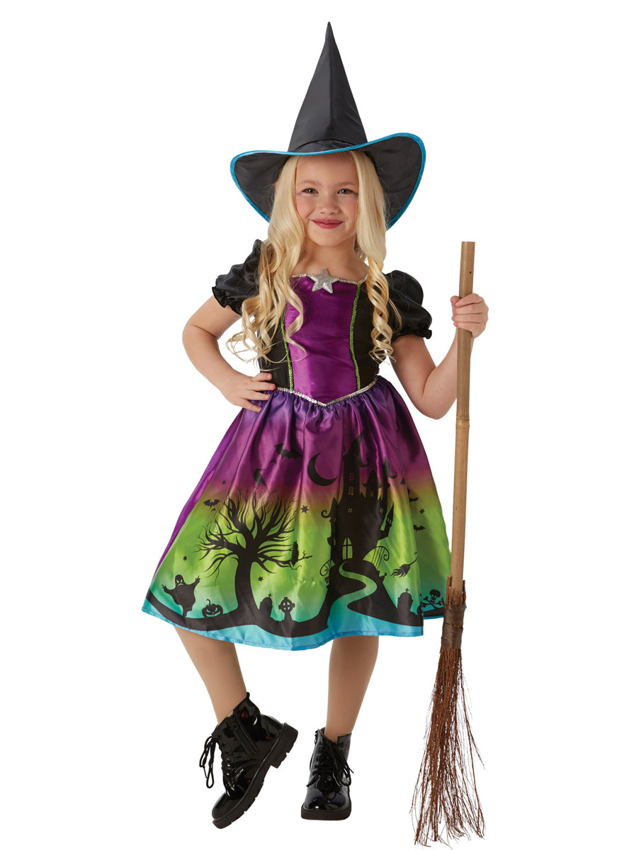 Girls Purple And Green Ombre Witch Halloween Costume - Main Image