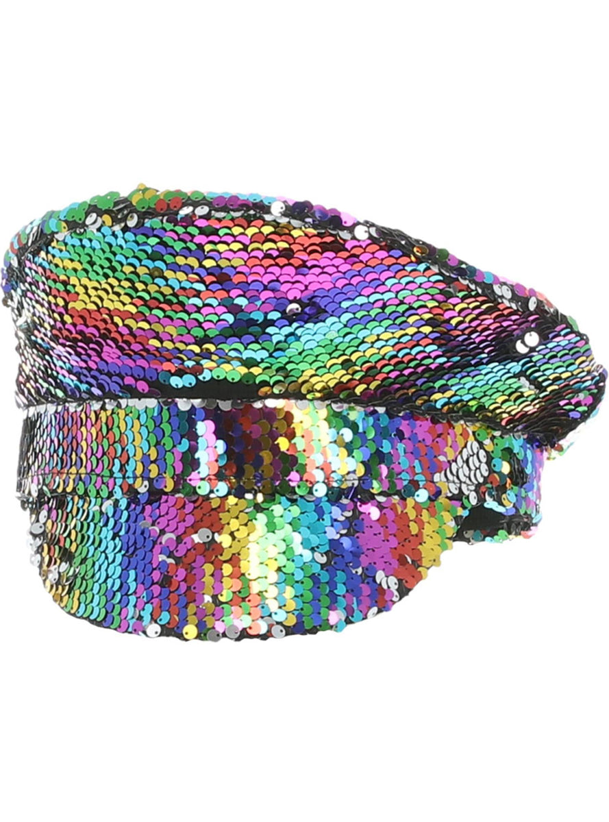 Rainbow Sequined Adults Mardi Gras Captains Hat - Main Image