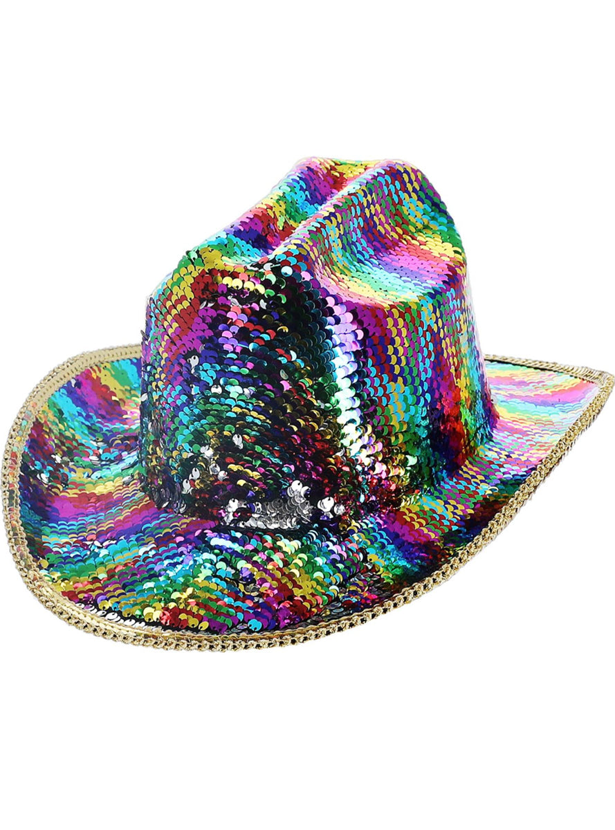 Deluxe Adults Rainbow Sequined Cowboy Costume Hat - Main Image