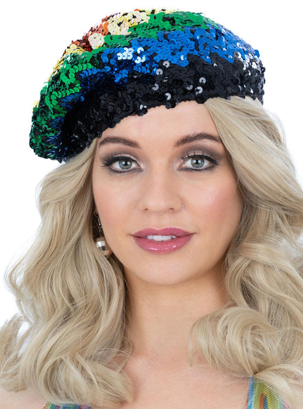 Womens Sequined Rainbow Beret Costume Hat - Main Image