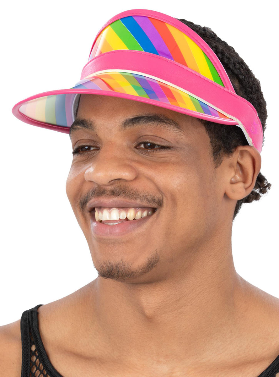 Adults Rainbow Striped 1980s Costume Visor Hat - Main Image