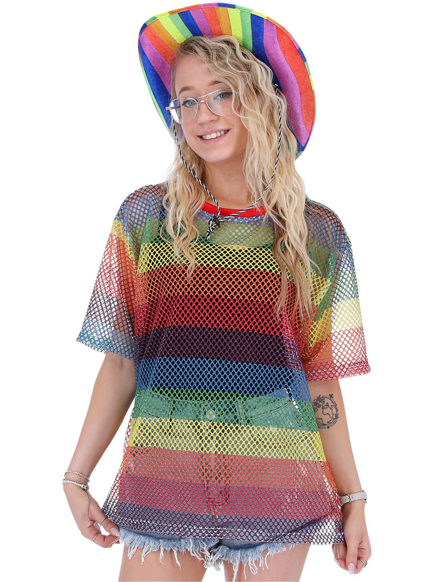 Mens Rainbow Striped Mesh Mardi Gras Costume Top - Alternative Image