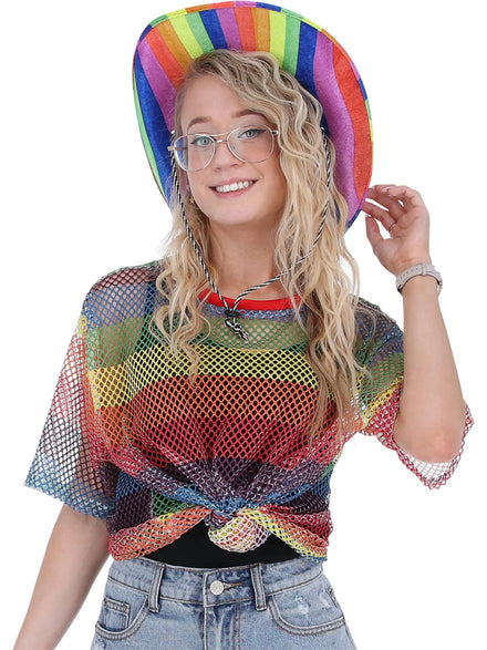 Womens Rainbow Striped Mesh Mardi Gras Costume Top - Main Image