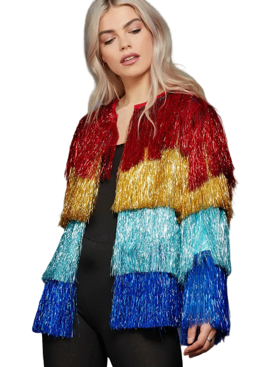 Plus Size Womens Striped Rainbow Festival Costume Jacket With Tassles - Main Image
