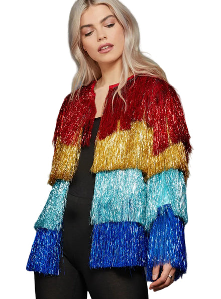 Plus Size Womens Striped Rainbow Festival Costume Jacket With Tassles - Main Image