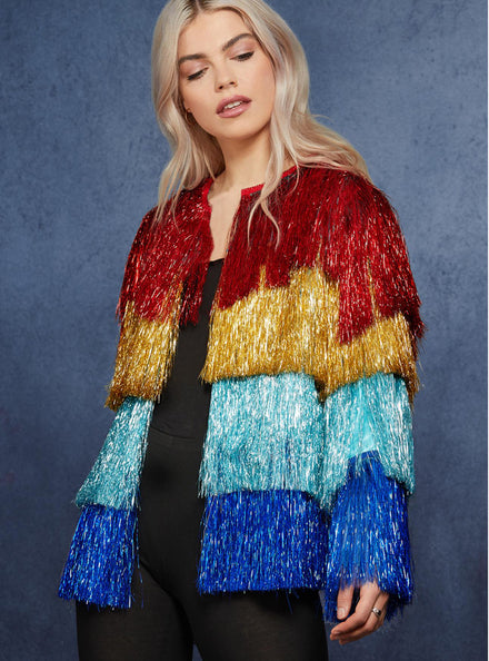 Womens Rainbow Striped Fringed Festival Costume Jacket - Main Image
