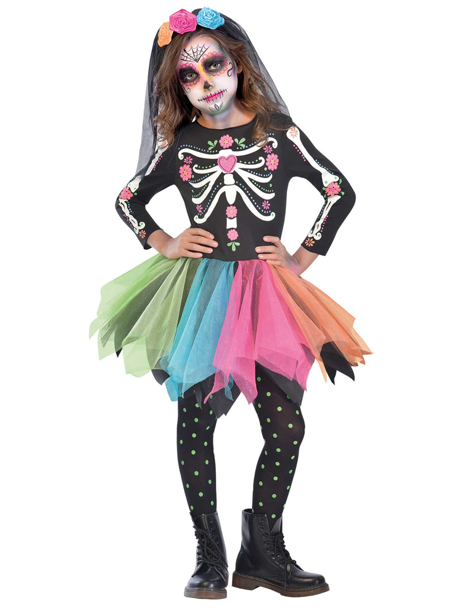 Girls Rainbow Sugar Skull Day Of The Dead Costume - Main Image