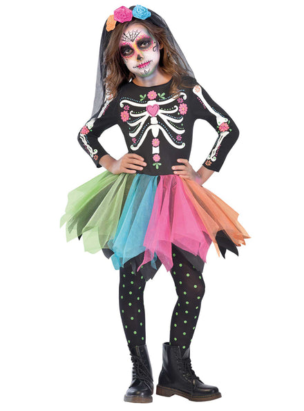 Girls Rainbow Sugar Skull Day Of The Dead Costume - Main Image