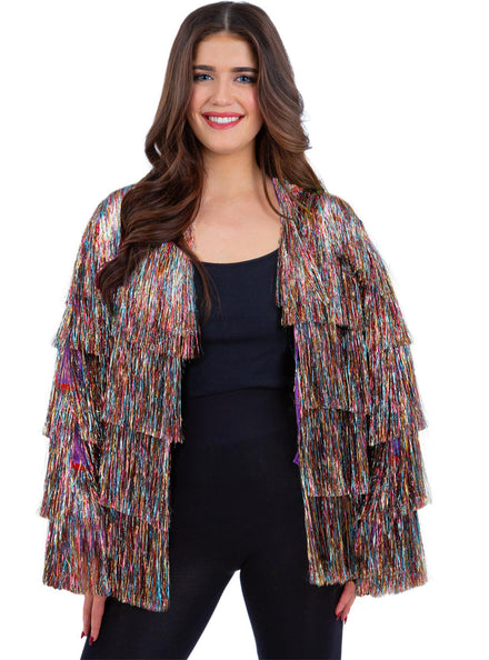 Plus Size Womens Rainbow Tinsel Festival Costume Jacket - Main Image