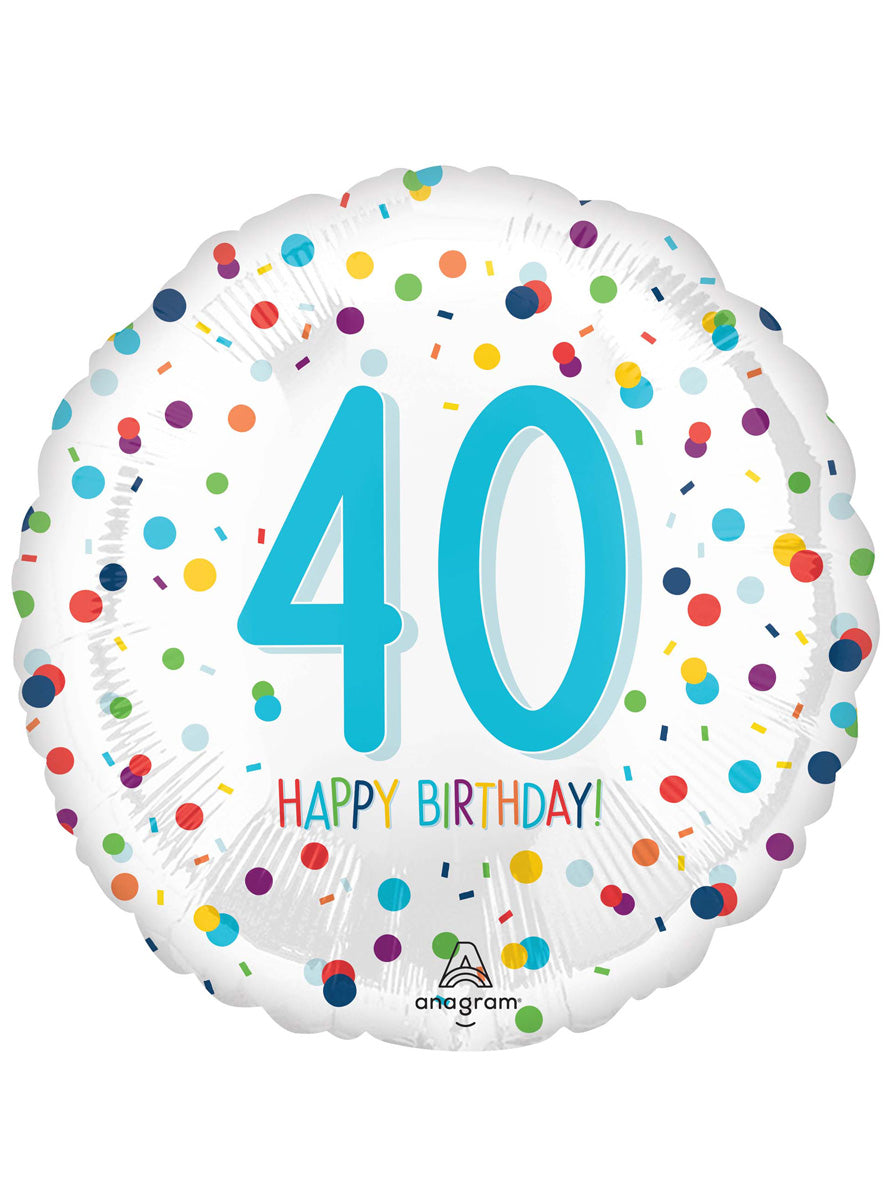 Rainbow Confetti Print 40th Birthday 45cm Round Foil Balloon - Main Image