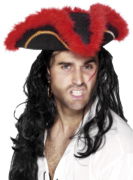 Mens Black Pirate Hat with Red Feather Trim