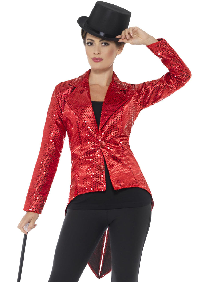 Red Sequined Womens Costume Jacket With Tails - Main Image