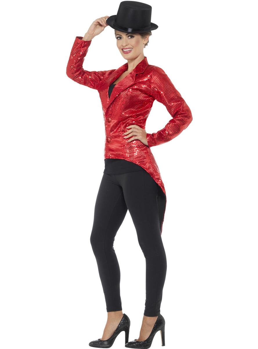 Red Sequined Womens Costume Jacket With Tails - Side Image