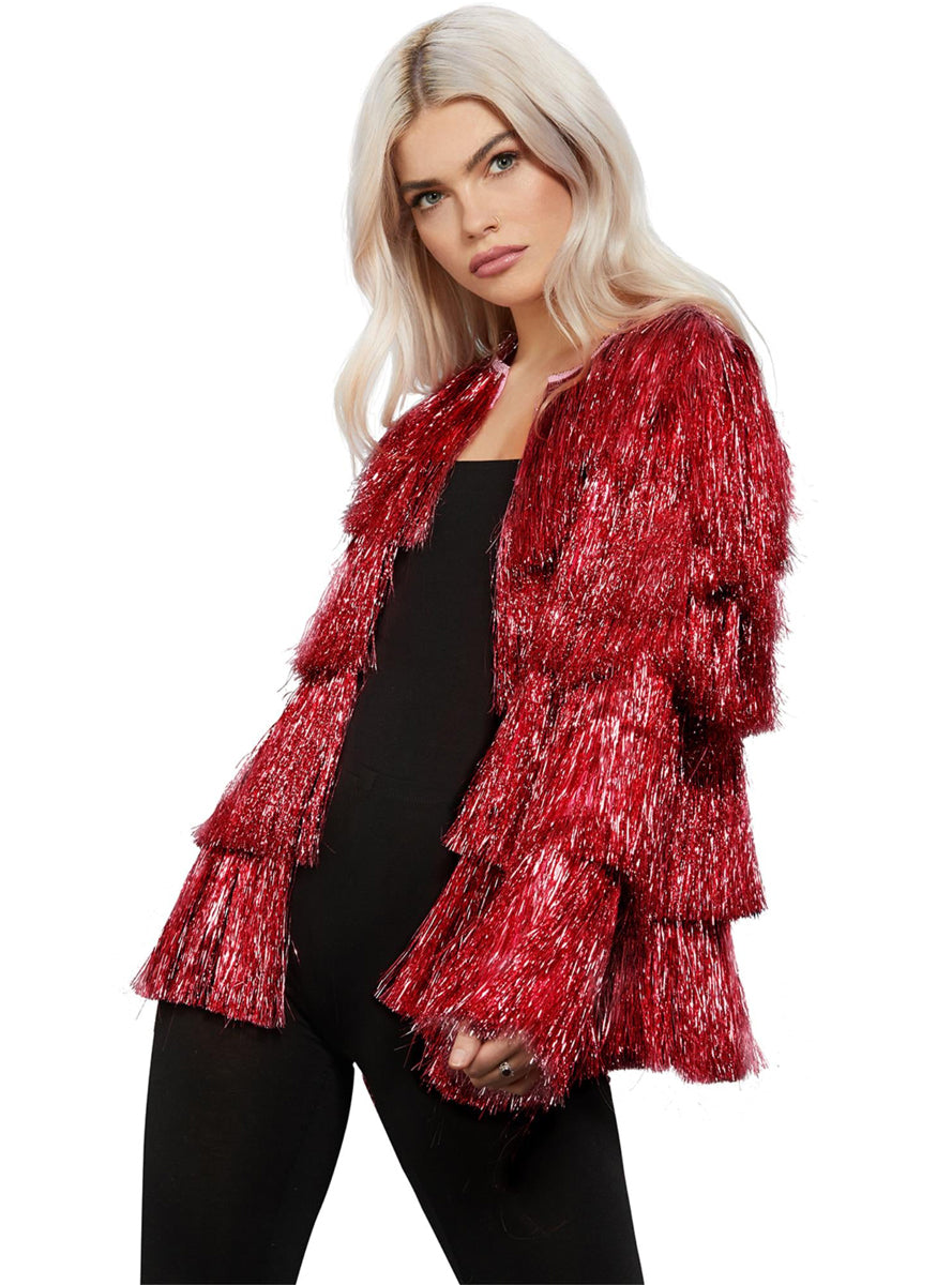 Plus Size Red Tinsel Jacket Red Festival Jacket For Women