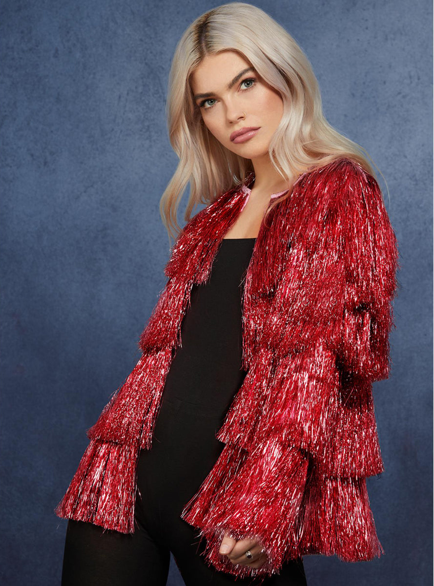 Womens Red Tinsel Festival Costume Jacket - Alternative Image
