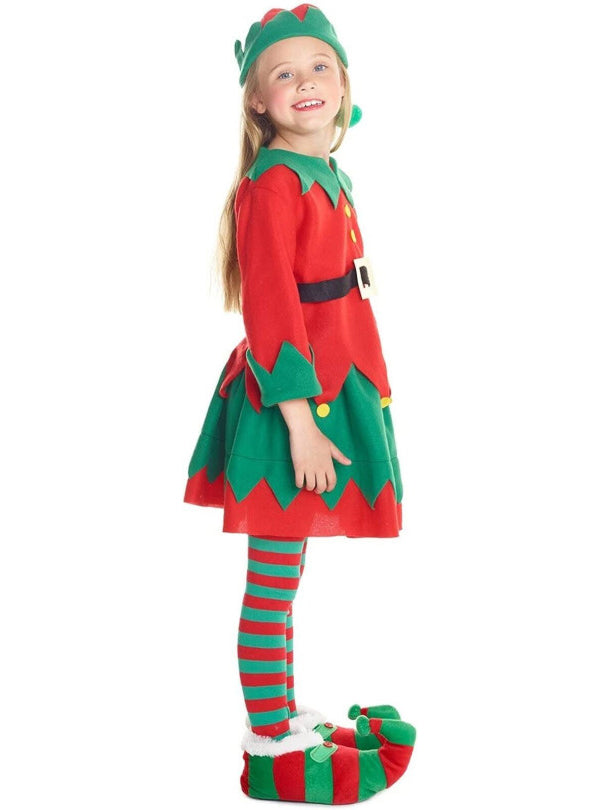 Girls Red And Green Elf Christmas Costume Side Image